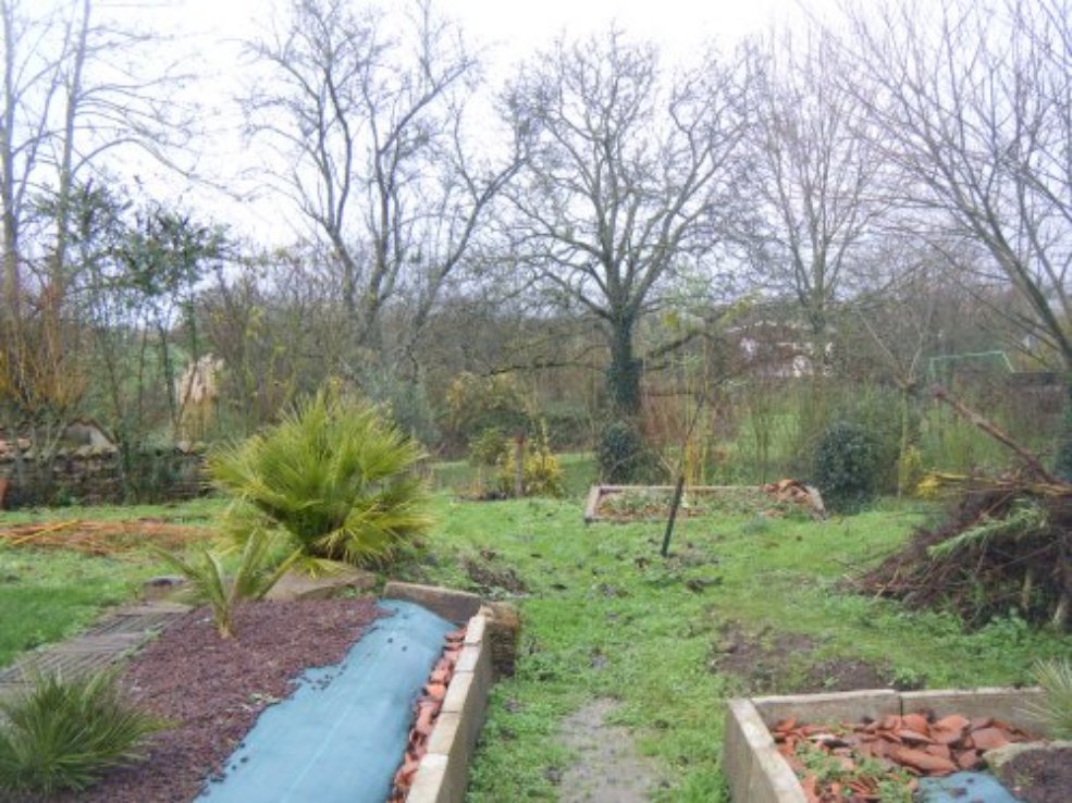 Vue sur le fond du jardin,on aperçoit la murette à gauche la cabane est à droite